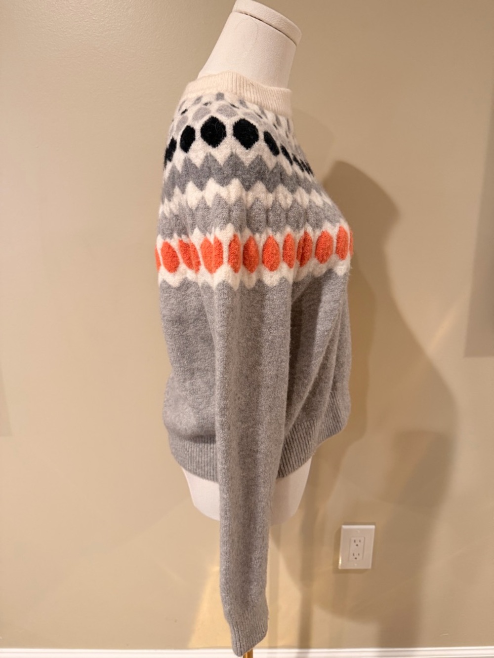 Club Monaco Gray Fair Isle Crewneck Sweater with Orange and Black Accents - Picture 3 of 10